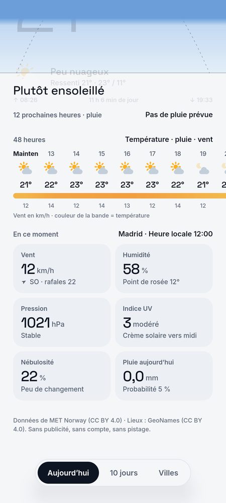1B Weather: 48 heures sur un seul ruban : température, pluie et vent