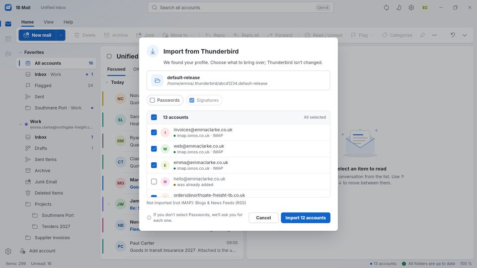 1B Mail: Importing 13 accounts from Thunderbird