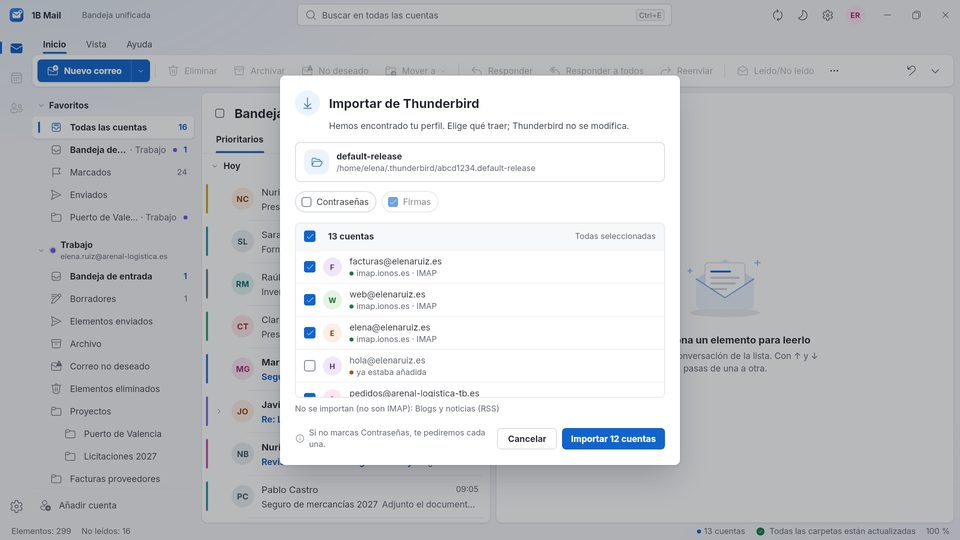 1B Mail: Importando 13 cuentas desde Thunderbird
