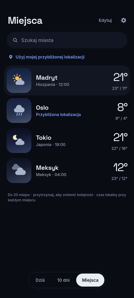 1B Weather: Do 20 miejsc, z czasem lokalnym