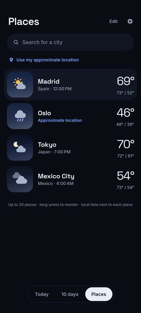 1B Weather: Up to 20 places, with local time