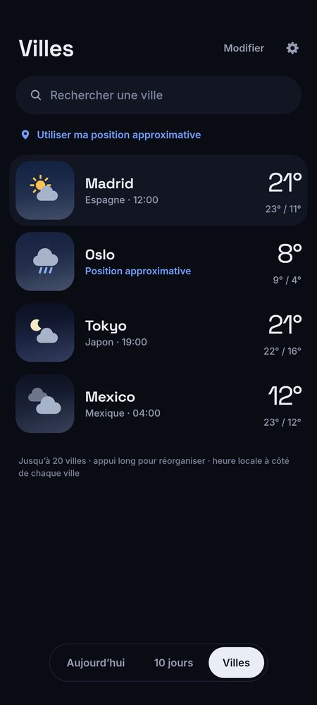 1B Weather: Jusqu’à 20 villes, avec leur heure locale