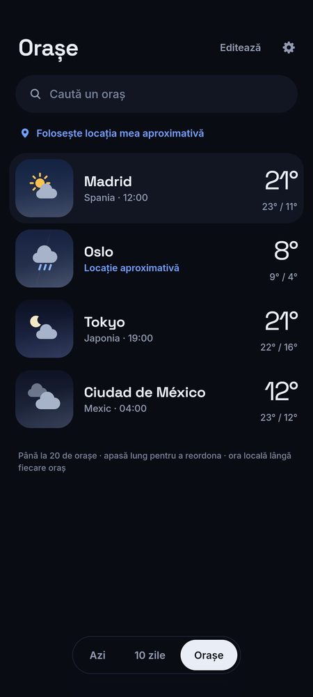 1B Weather: Până la 20 de orașe, cu ora locală