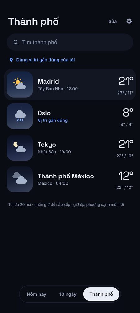 1B Weather: Tối đa 20 địa điểm, kèm giờ địa phương