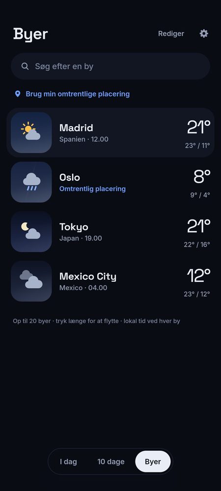 1B Weather: Op til 20 byer med lokal tid