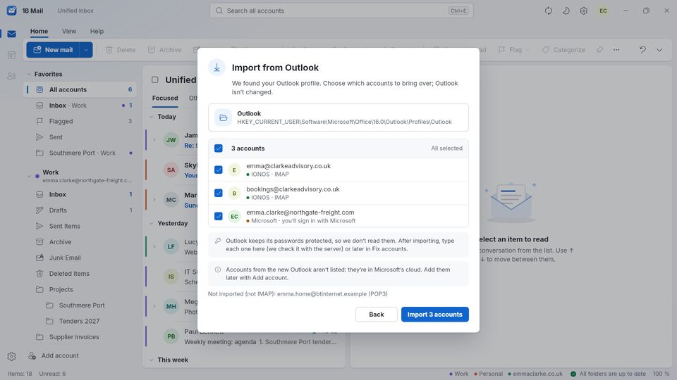 1B Mail: Importing accounts from classic Outlook on Windows