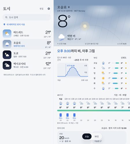 1B Weather: 펼친 화면: 한쪽에는 장소, 다른 쪽에는 예보
