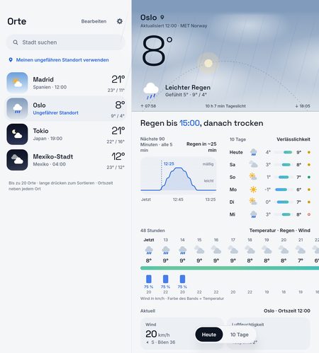 1B Weather: Aufgeklappt: deine Orte auf der einen Seite, die Vorhersage auf der anderen