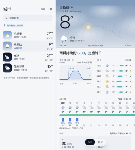 1B Weather: 展开时：一侧是你的地点，另一侧是预报