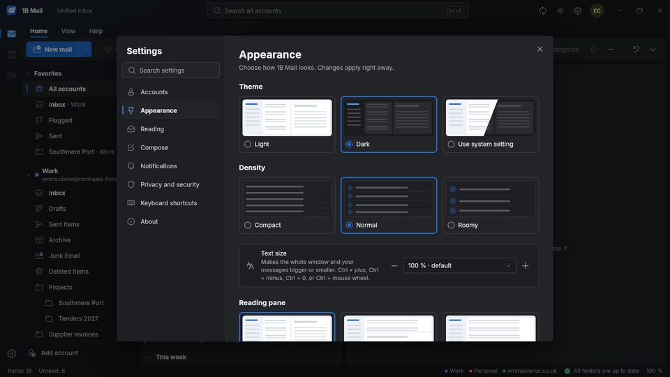 1B Mail: Settings › Appearance in dark mode