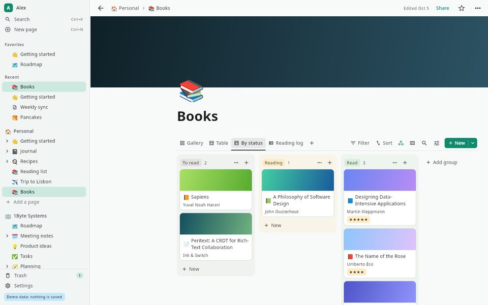 1B Note: A reading list as a board, grouped by status