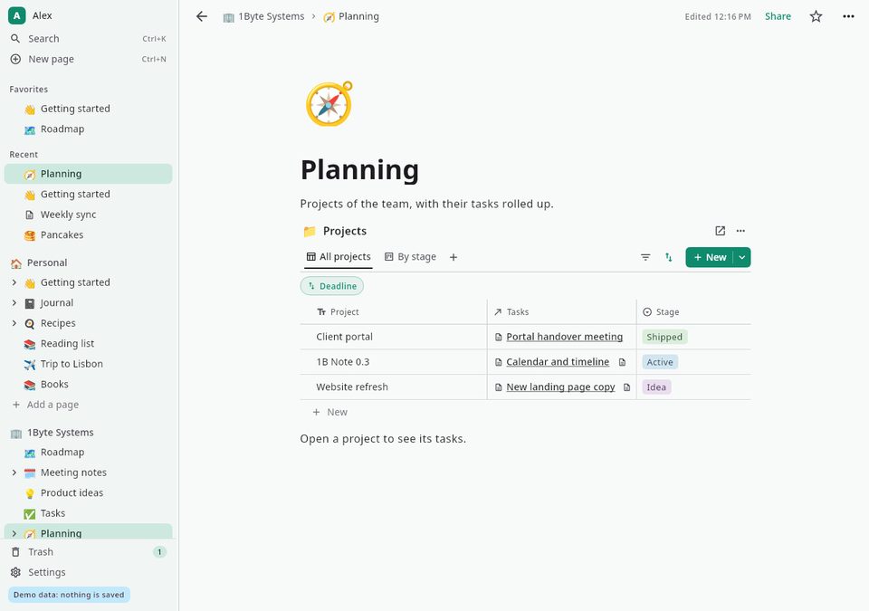 1B Note: A database inside a page, with its tasks rolled up