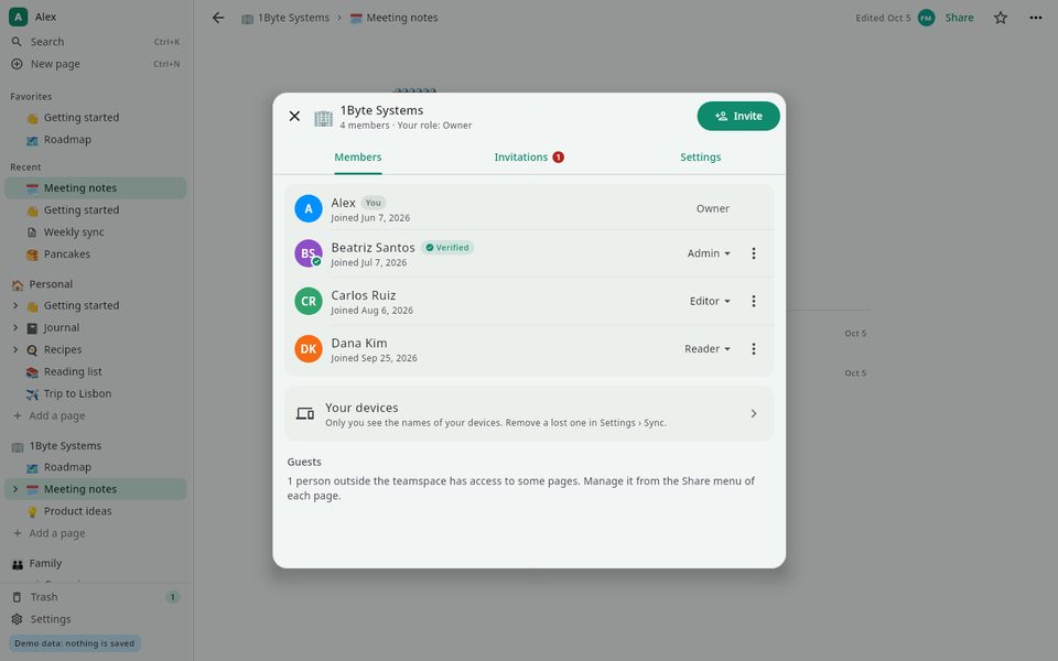 1B Note: A team space with its members and roles