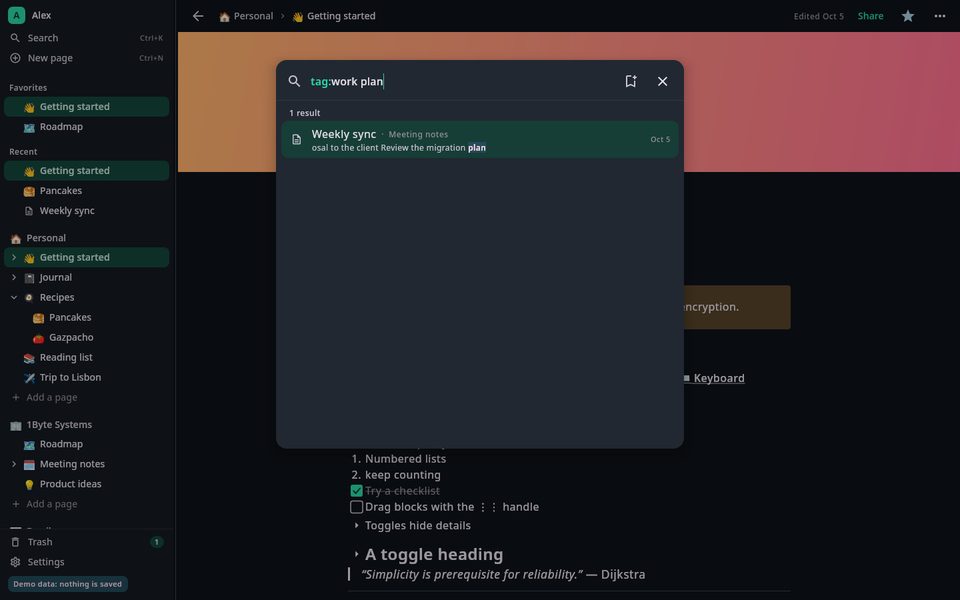 1B Note: Searching the whole workspace by tag