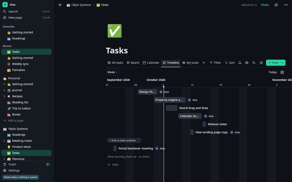 1B Note: Tasks on a timeline, in dark mode