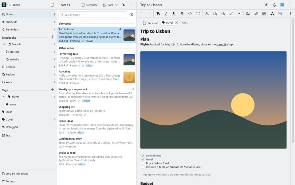 1B Tabella: Notebooks, notes and the editor side by side